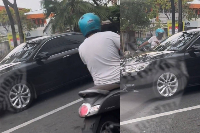 Tangkapan layar aksi pengendara motor yang meminta uang dengan modus mengetuk  kaca mobil di salah satu perempatan lampu merah di Surabaya.