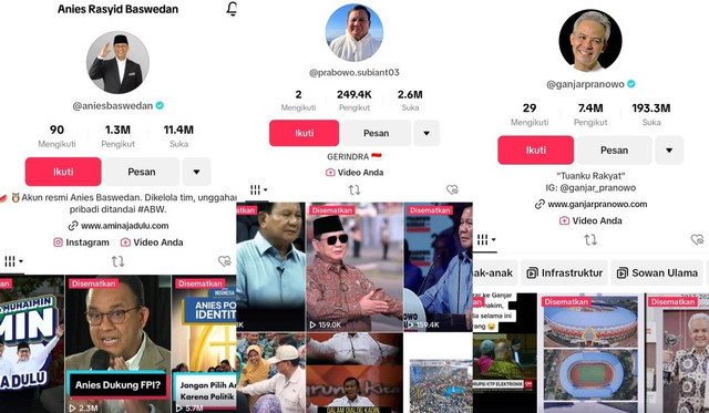 Tangkap layar akun TikTok masing-masing capres. Foto: TikTok