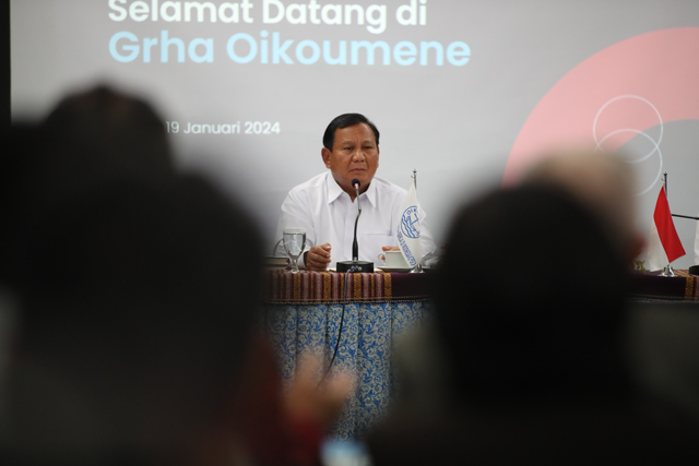Capres nomor urut 02 Prabowo Subianto menghadiri Persekutuan Gereja-gereja Indonesia (PGI) di di Graha Oikumene, Jakarta, Jumat (19/1). Foto: Dok. Istimewa