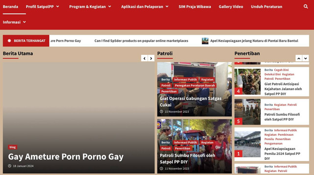 Laman resmi Satpol PP DIY diduga diretas dan mengunggah konten artikel porno tentang gay. Foto: www.satpolpp.jogjaprov.go.id