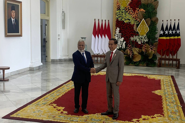 Presiden Jokowi menerima kunjungan kenegaraan Perdana Menteri Republik Demokratik Timor Leste Xanana Gusmao di Istana Kepresidenan, Bogor, Jumat (26/1/2024). Foto: Paulina Herasmaranindar/kumparan