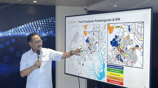 Kepala OIKN Bambang Susantono dalam konferensi pers di Kantor Kementerian Komunikasi dan Informatika (Kominfo), Jakarta, pada Selasa (30/1/2024). Foto: Widya Islamiati/kumparan