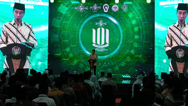 Presiden Jokowi saat berpidato di peringatan Harlah ke-101 Nahdlatul Ulama, Rabu (31/1/2024). Foto: Arfiansyah Panji/kumparan