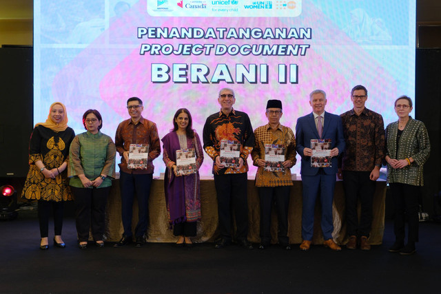 Peluncuran kerja sama program BERANI II antara Pemerintah Indonesia, UNFPA, UNICEF, dan UN Women di Hotel Pullman Jakarta, Kamis (25/2/2024). Foto: UNFPA