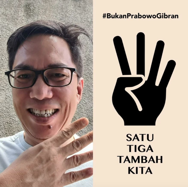 John Muhammad, inisiator gerakan Salam 4 Jari. Gerakan ini menyerukan memilih paslon 01 atau 03. Foto: Instagram/@JohnMuhammad_