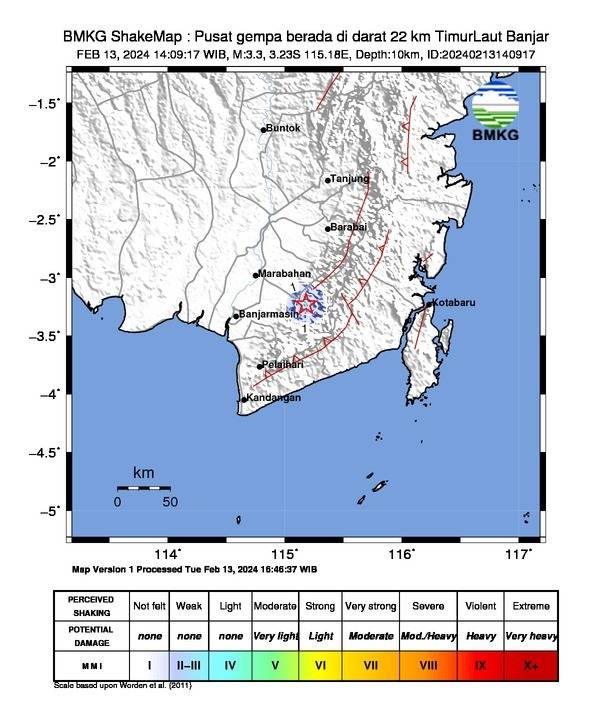 Gempabumi berkekuatan 3,3 magnitudo kembali mengguncang Banjarmasin pukul 14.09 WIB siang. dok BMKG 