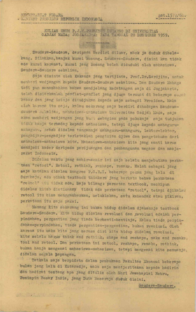 Sumber: ANRI. Daftar Arsip Pidato Presiden Republik Indonesia Ir. Sukarno Tahun 1958-1967. Nomor 137.