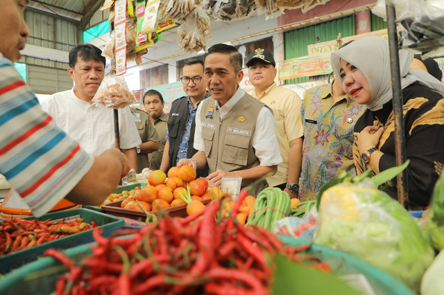 Pj Wali Kota Palembang, Ratu Dewa, saat mengecek sembako di pasar tradisional. (ist)