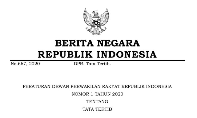 Gambar 1. Peraturan DPR tentang tata tertib (Sumber: Peraturan Dewan Perwakilan Rakyat Republik Indonesia Nomor 1 Tahun 2020 Tentang Tata Tertib)