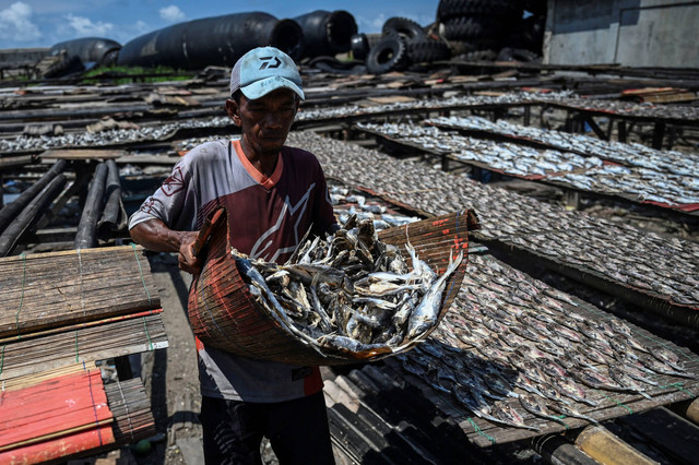 Pekerja menjemur ikan asin di CIlincing, Jakarta Utara, Selasa (20/2/2024). Foto: Erlangga Bregas Prakoso/Antara Foto