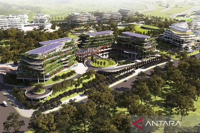 Desain bangunan Gedung dan Kawasan Kantor Kementerian Koordinator Bidang Perekonomian di IKN Nusantara. ANTARA/HO-Hutama Karya/aa.