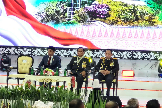 Menhan Prabowo Subianto hadiri Rapim TNI-Polri di GOR Ahmad Yani, Mabes TNI, Cilangkap, Jakarta Timur, Rabu (28/2/2024). Foto: Nadia Riso/kumparan