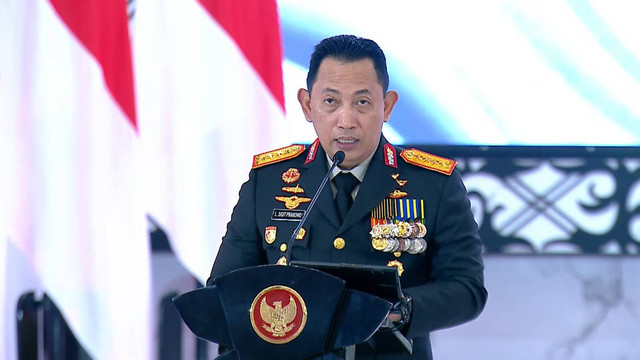 Kapolri Jenderal Pol Listyo Sigit Prabowo pada Rapim TNI-Polri di GOR Ahmad Yani, Mabes TNI, Cilangkap, Jakarta Timur, Rabu (28/2/2024). Foto: Youtube/Kemhan RI