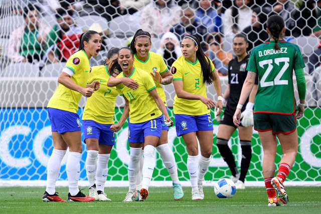 Timnas Wanita Brasil saat melawan Meksiko pada pertandingan pertandingan semifinal CONCACAF Women's Gold Cup 2024. Foto: USA TODAY Sports/via REUTERS
