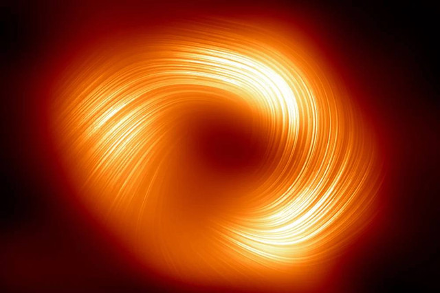 Para peneliti yang berkolaborasi dalam Event Horizon Telescope (EHT) berhasil menangkap gambar baru medan magnet spiral di sekitar black hole Sagitarius A* di galaksi Bima Sakti. Foto: EHT Collaboration