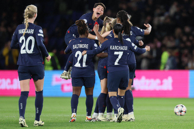 Paris Saint-Germain (PSG) menang 3-0 atas Hacken di leg kedua perempat final Liga Champions Wanita 2023/24. Foto: ALAIN JOCARD / AFP