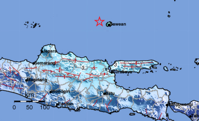 Gempa 5,6 magnitudo di Bawean, Gresik, Jatim, Rabu (3/4/2024). Foto: Dok. BMKG