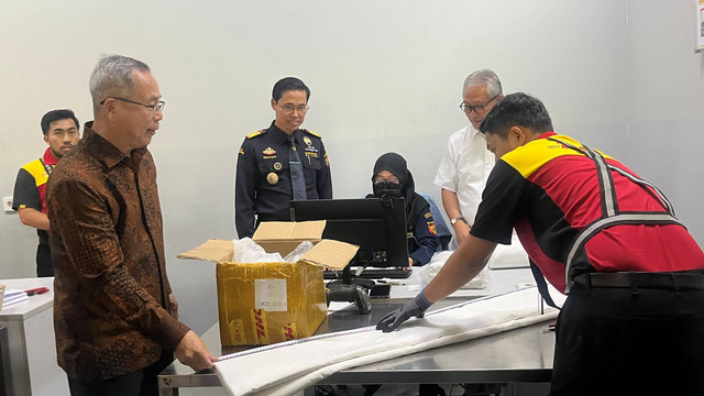 Dirjen Bea Cukai Askolani didampingi oleh Kepala KPU Bea Cukai Bandara Internasional Soekarno Hatta Gatot Sugeng Wibowo di ruang Informal NCY Shipment Inspection Area, di Gedung DHL Express Service Point, Jakarta Distribution Centre, Tangerang. Foto: Widya Islamiati/kumparan