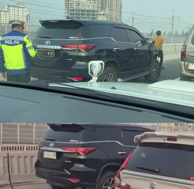 Kolase foto mobil toyota saat pakai pelat dinas Polri dan berubah pakai pelat putih. Foto: Dok. Istimewa