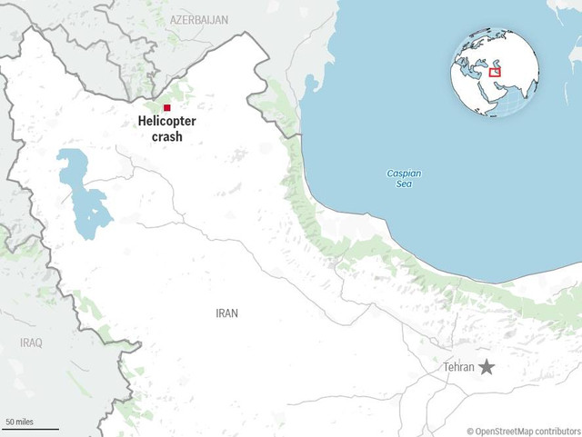 Peta lokasi jatuhnya Helikopter Presiden Iran Ebrahim Raisi. Foto: AP