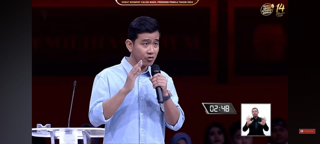 Cawaspres Nomor Urut 2, Gibran Rakabuming Raka dalam Debat Keempat Calon Wakil Presiden Pemilu 2024 di Jakarta Convention Center (JCC), Jakarta, Minggu (21/1/2024). Foto: Youtube KPU RI