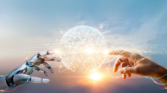 Robot dan manusia menyentuh data jaringan global. (sumber: shutterstock)