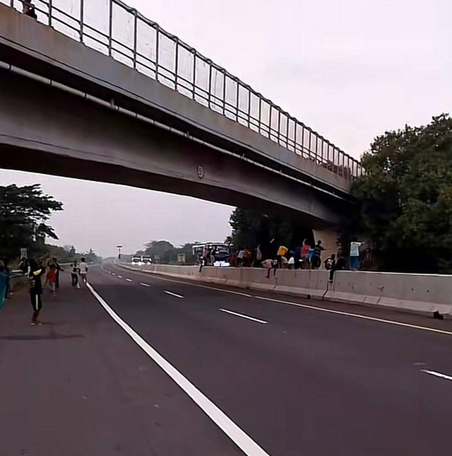 Sekumpulan bocah terlihat menyeberang ruas jalan tol untuk berburu klakson telolet bus. Foto: TikTok @cctv_lintas_Asmuk