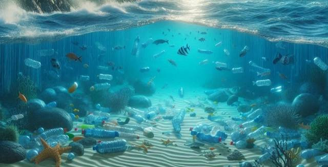 Sumber foto : Dibuat oleh DALL E 3 (Illustrasi laut yang tercemar sampah plastik)