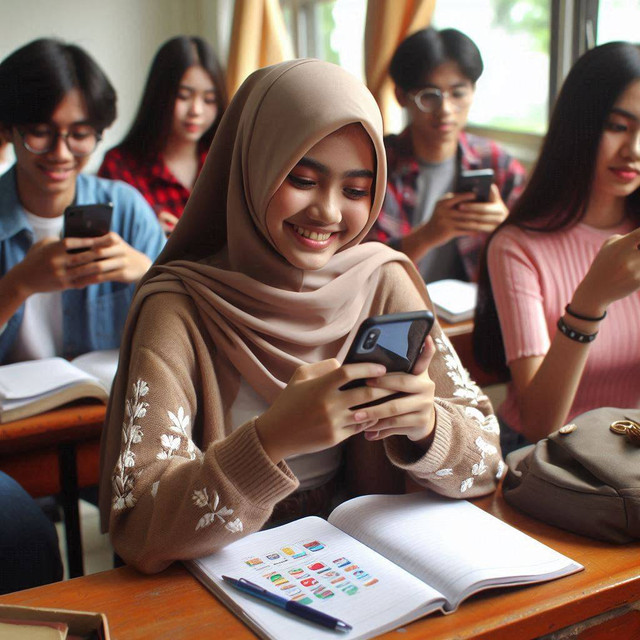 (Ilustrasi Gen Z indonesia sedang menikmati smartphone saat kuliah dikelas. Foto: Bing Image Creator)