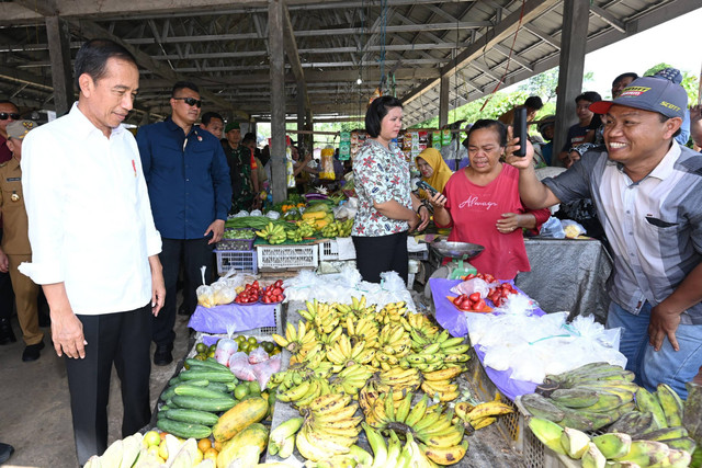 Presiden Joko Widodo berbincang dengan pedagang saat mengecek harga pangan di Pasar Temenggoeng Djaja Karti, Kalimantan Tengah, Kamis (27/6/2024). Foto: Kris/Biro Pers Sekretariat Presiden