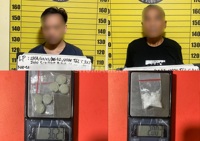 Kedua kurir narkoba dan barang buktinya. Kedua pelaku mengaku nekat menjadi kurir agar bisa depo judi online. Foto: Dok. Polres Kubu Raya