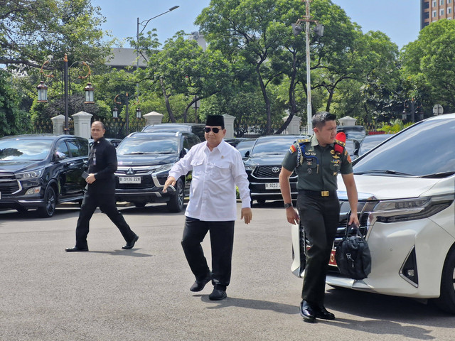 Presiden terpilih sekaligus Menhan Prabowo Subianto di Kompleks Istana Kepresidenan, Jakarta, Senin (8/7/2024). Foto: Nadia Riso/kumparan