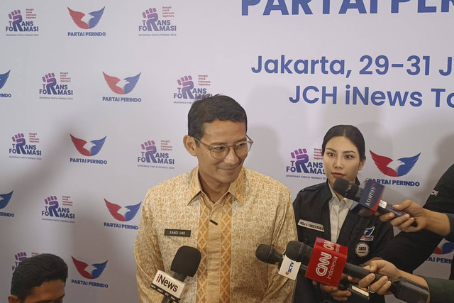 Sandiaga Uno di Mukernas Perindo di INews Tower, Rabu (31/7/2024). Foto: Thomas Bosco/kumparan