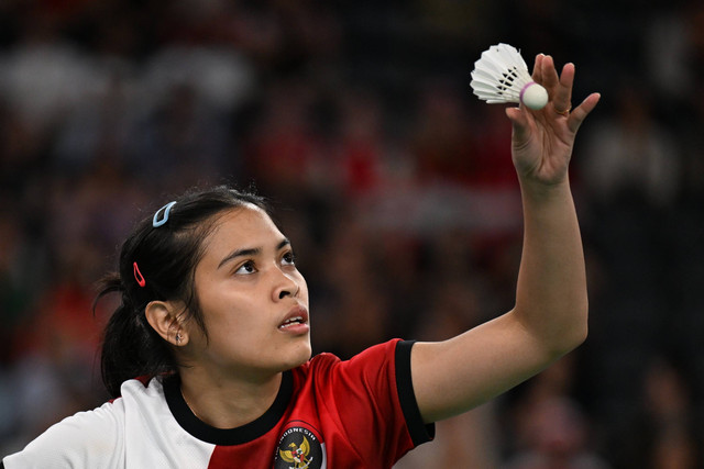 Tunggal putri Indonesia Gregoria Mariska Tunjung saat melawan tungga putri Korea Selatan An- Se-young pada semifinal Olimpiade Paris 2024 di Porte De La Chapella Arena, Paris, Prancis, Minggu (4/8/2024). Foto: Wahyu Putro A/ANTARA FOTO