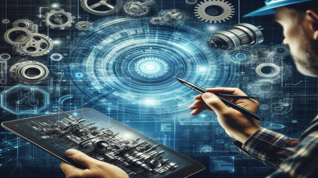 Ilustrasi teknik mesin modern yang terhubung dengan teknologi digital dalam Revolusi Industri 4.0. [Sumber: DALL-E]