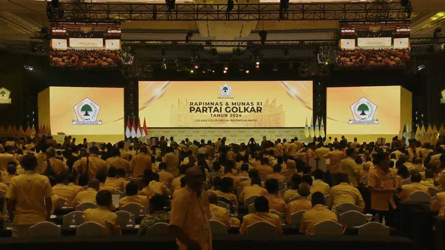 Suasana pembukaan Munas XI Partai Golkar di Jakarta Convention Center, kompleks Gelora Bung Karno, Jakarta, Selasa (20/8/2024). Foto: Youtube/ Golkar Indonesia