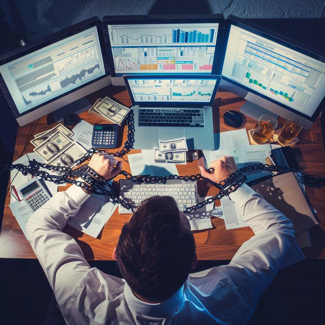 Ilustrasi seseorang yang menjadi budak dari pekerjaannya. Foto: https://stockcake.com/i/chained-to-work_1124379_1072415