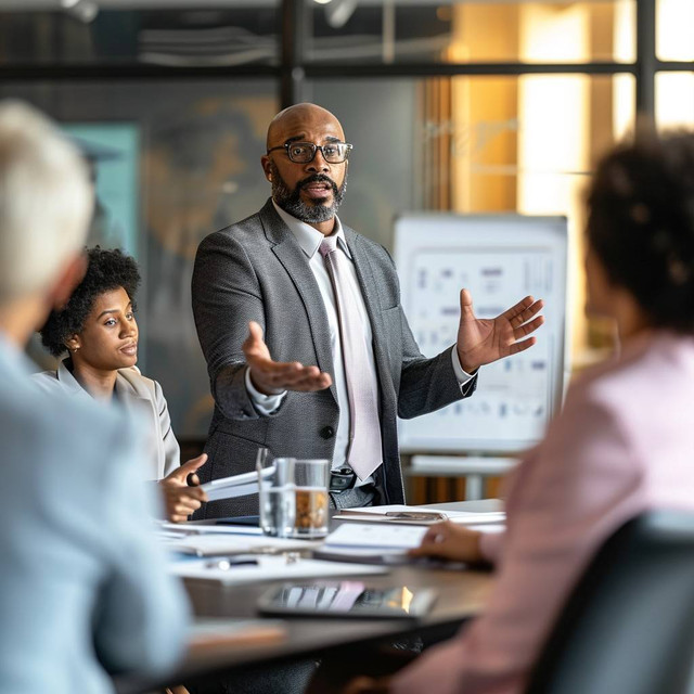 Gambar seorang pemimpin yang sedang menjalankan tugas kepemimpinan kepada anggotanya. Sumber : https://stockcake.com/