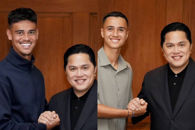 Dua calon pemain Timnas Indonesia, Mees Hilgers & Elian Reijnders bersalam dengan Erick Thohir. Foto: Instagram/ @Erickthohir