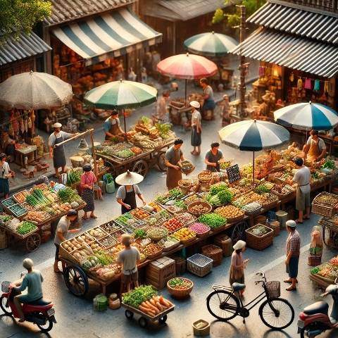 tGambar ini dibuat secara khusus melalui platform DALL·E untuk menggambarkan suasana pasar kecil di lingkungan urban Asia Tenggara.