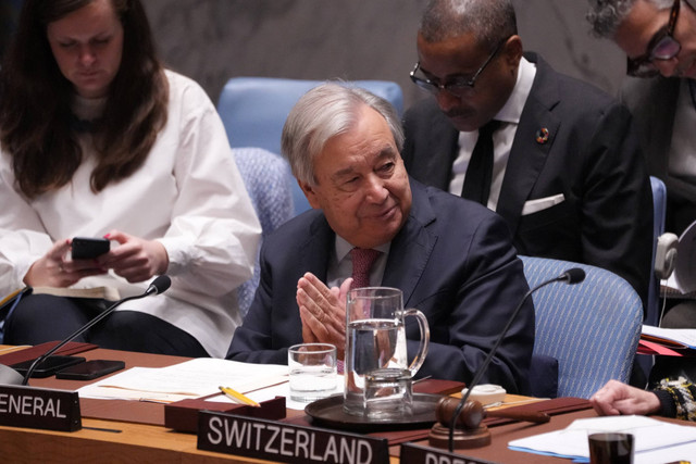 Sekretaris Jenderal PBB Antonio Guterres menyampaikan pidato pada pertemuan Dewan Keamanan PBB. Foto: Bryan R. Smith/AFP