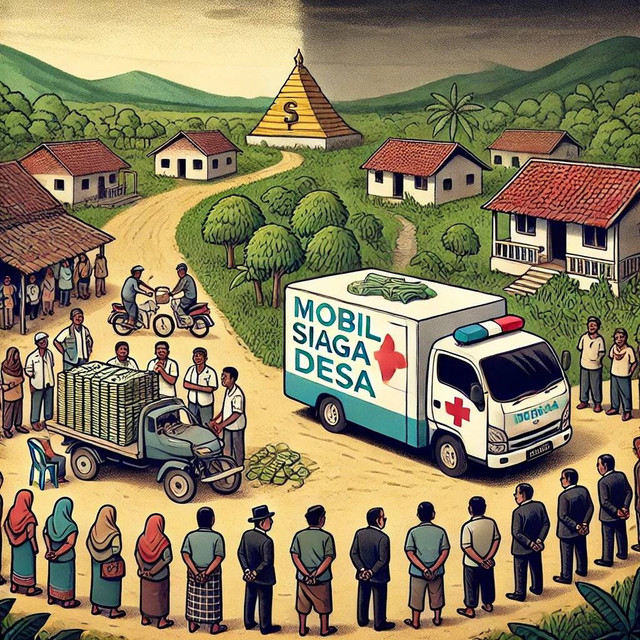 Ilustrasi yang menggambarkan praktik korupsi dana cashback Mobil Siaga Desa. Sumber ; AI ChatGPT