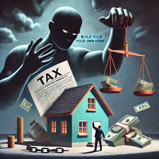 Ilustrasi seseorang yang berargumen di depan rumah setengah jadi, dengan bayangan besar kekuasaan memegang dokumen pajak / canva.com