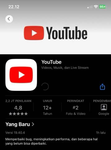 Tangkapan Layar aplikasi Youtube. Sumber: App Store Pribadi