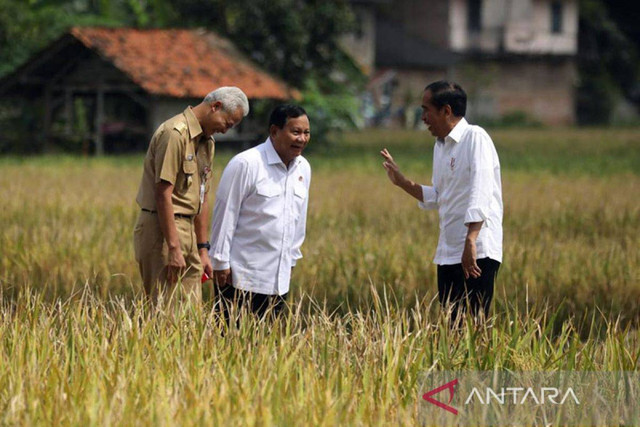Presiden Joko Widodo, Gubernur Jawa Tengah Ganjar Pranowo, dan Menteri Pertahanan Prabowo Subianto saat kunjungan kerja ke sawah di Kebumen, Jawa Tengah, Kamis (9/3/2023). Sumber: ANTARA