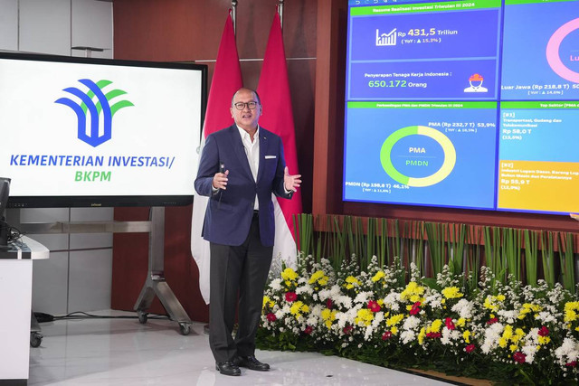 Menteri Investasi/Kepala BKPM Rosan P. Roeslani pada konferensi pers terkait Realisasi Investasi Triwulan Ill 2024 dan Capaian Investasi 10 Tahun Pemerintahan Jokowi di Jakarta. Foto: Dok. Kemeninves