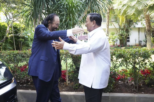 Presiden terpilih Prabowo Subianto berpelukan dengan ketua umum Partai Nasdem saat pertemuan di Kementerian Pertahanan, Jakarta, Kamis (17/10/2024). Foto: Instagram/ @prabowo