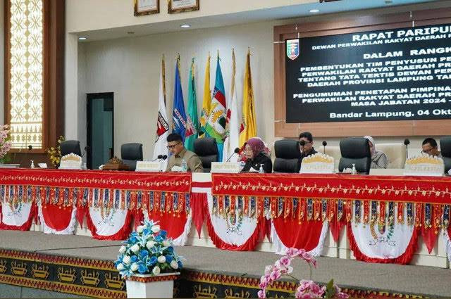 Rapat paripurna pengumuman penetapan pimpinan definitif DPRD Provinsi Lampung periode 2024-2029, pada Jum'at (4/10) lalu | Foto : Dok. DPRD Lampung.