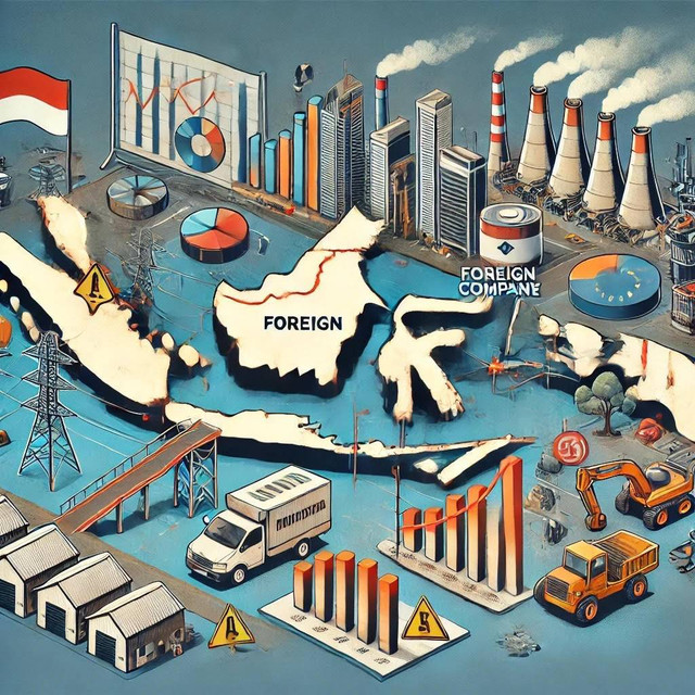 Gambar ini menggambarkan tantangan yang dihadapi Indonesia dalam menarik investasi asing di bawah Omnibus Law. Tampak simbol-simbol perusahaan multinasional yang memudar, pabrik-pabrik yang tutup, serta grafik yang menunjukkan target investasi yang tidak tercapai. Visual ini mengilustrasikan kesenjangan antara harapan dan realitas dalam kebijakan investasi Indonesia. Sumber Gambar: Dibuat menggunakan AI melalui platform DALL-E.