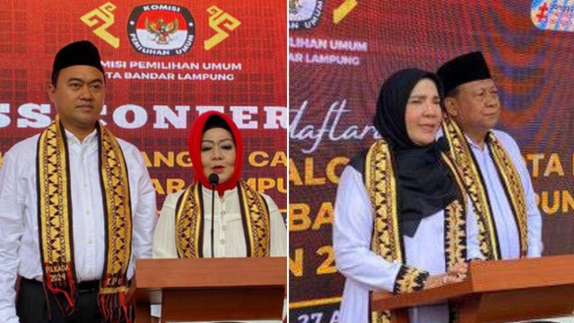 Pasangan calon Wali Kota dan Wakil Wali Kota Bandar Lampung, nomor urut 01 Reihana-Aryodhia Febriansyah  dan Paslon nomor urut 02 Eva Dwiana-Deddy Amarullah | Foto : Eka Febriani / Lampung Geh